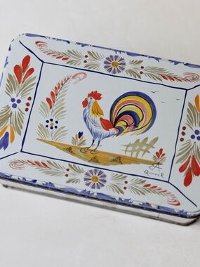 Vintage Henriot Quimper faience hinged rectangular tin rooster Massilly France